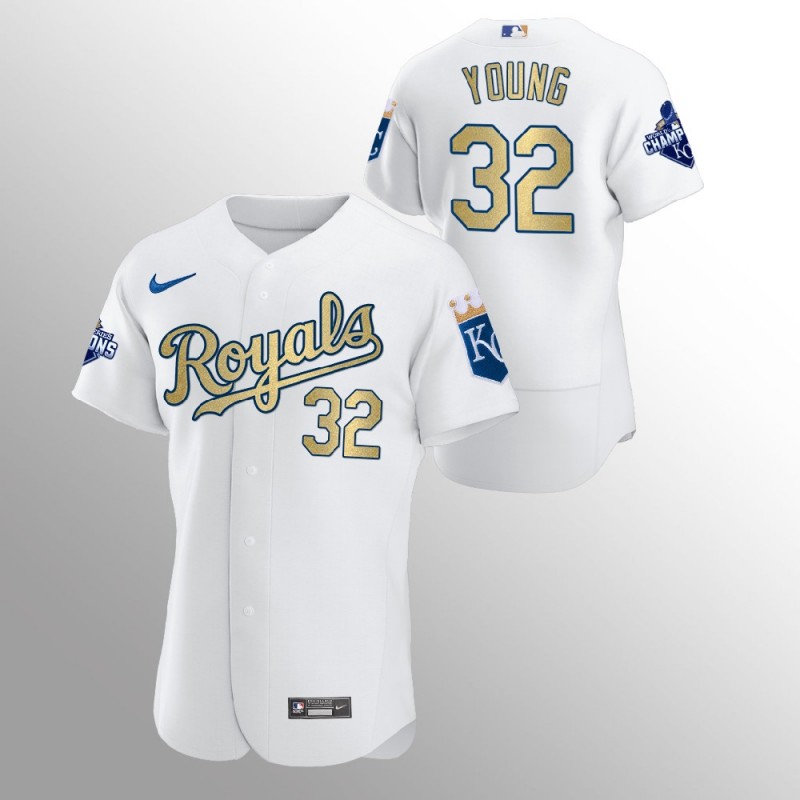 Kansas City Royals Chris Young White 2015 World Series Champions Nike Jersey – All Stitched, Embroidery