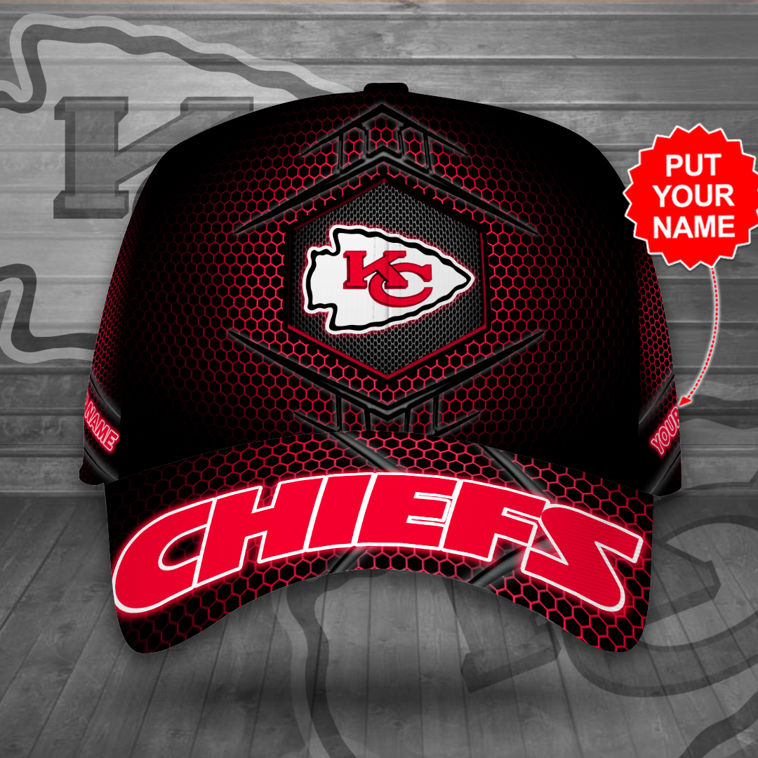 Personalized Kansas City Chiefs Beehive Hexagon Pattern All Over Print 3D Baseball Cap – Black Red