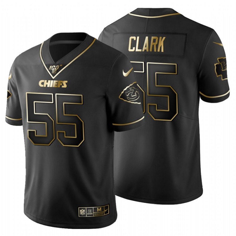 Men’S Kansas City Chiefs #55 Frank Clark Black Metallic Gold 100Th Season Jersey – All Stitched, Embroidery