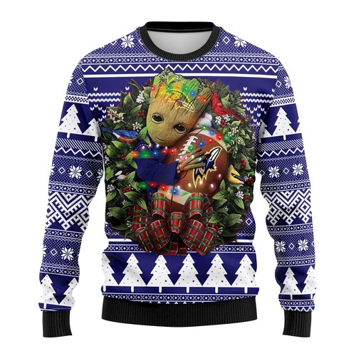 Baltimore Ravens Groot Hug Christmas Gift For Fan Ugly Wool Sweater Christmas