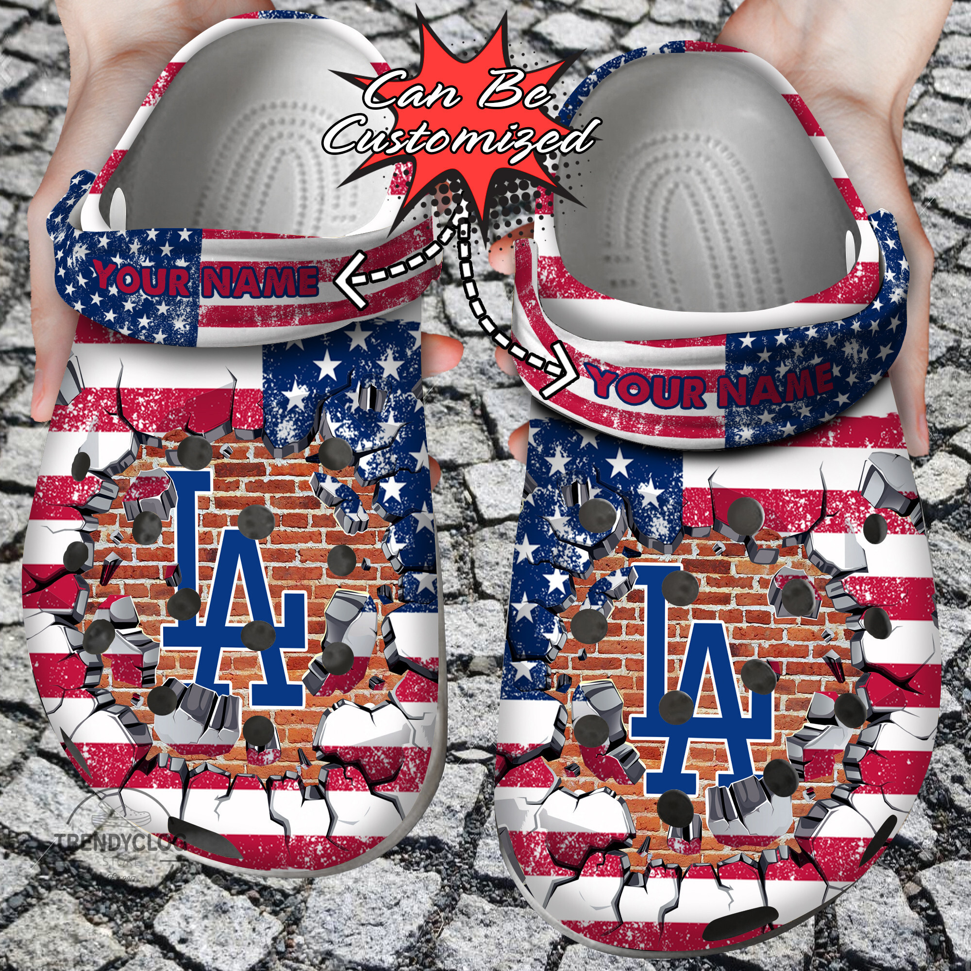 Baseball Crocs Personalized La Dodgers American Flag Breaking Wall Clog Shoes