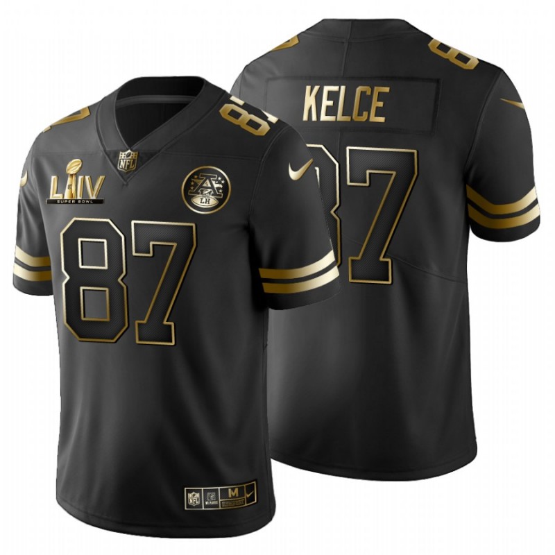 Men’S Kansas City Chiefs #87 Travis Kelce Black Super Bowl Liv Golden Edition Jersey – All Stitched, Embroidery