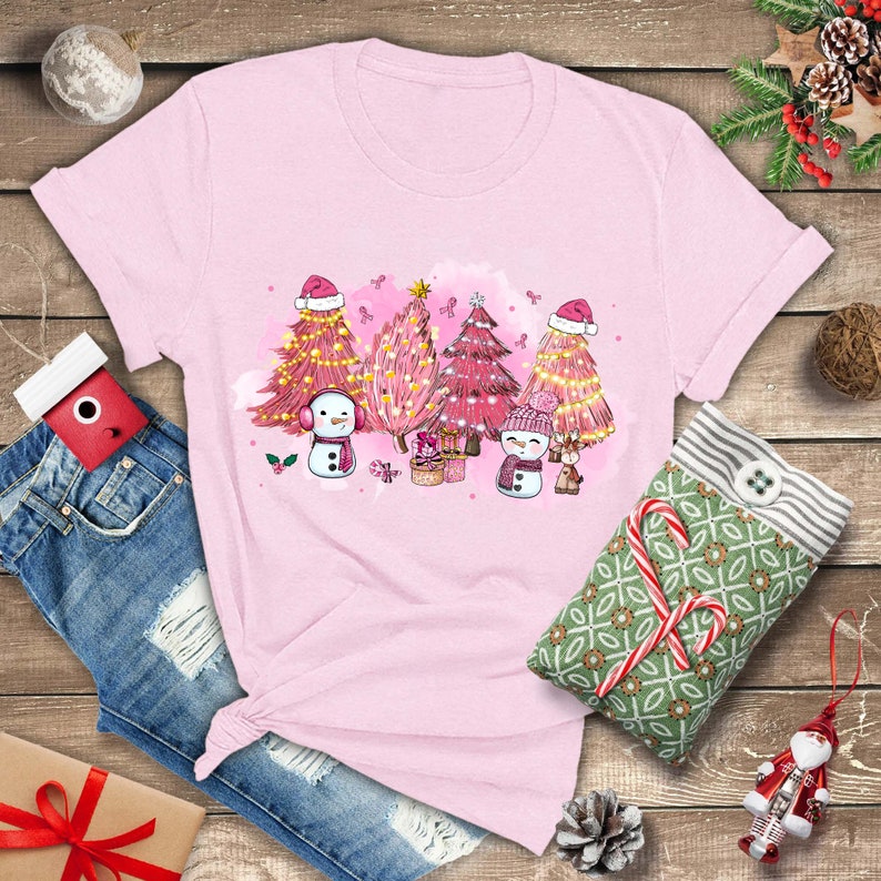 Pink Ribbon Christmas Tree Snowman Shirt, Merry Christmas Breast Cancer Shirt, Breast Cancer Awareness Shirt, Pink Christmas Shirt