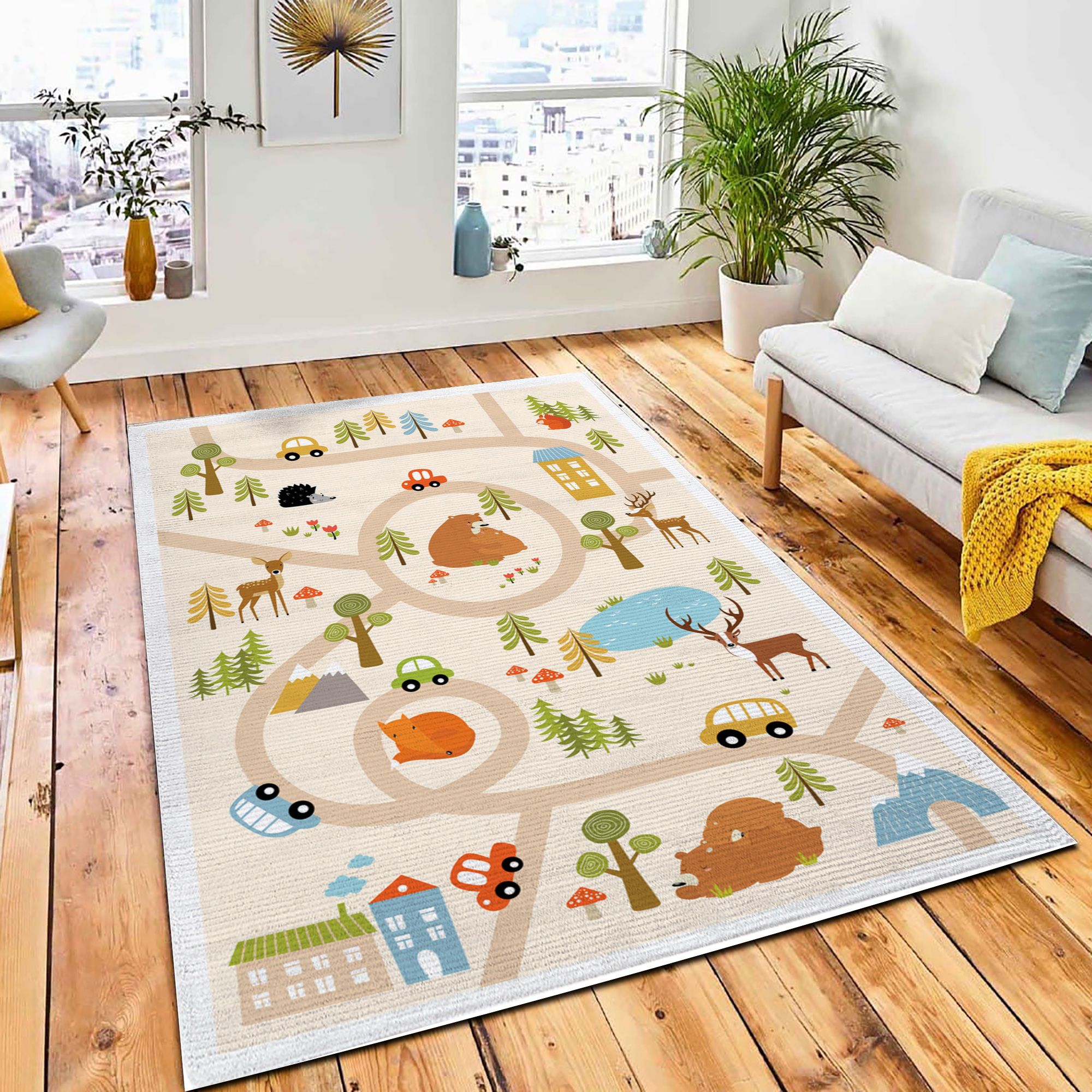 Vector Forest Maze Animals Road Area Rug Carpet Kid Play Rug Room Decor