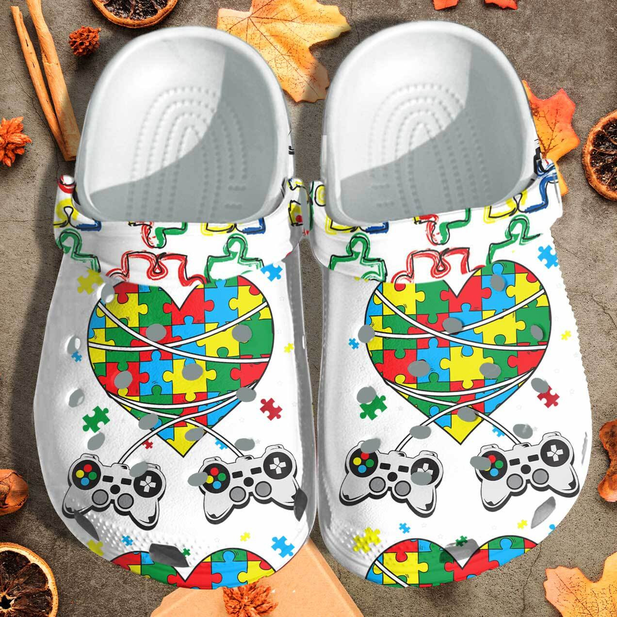 Puzzle Heart Autism Gamer Custom Crocs Shoes Clogs Gift For Boy Kids – Game For Autism Outdoor Crocs Shoes Clogs Birthday Gifts Son