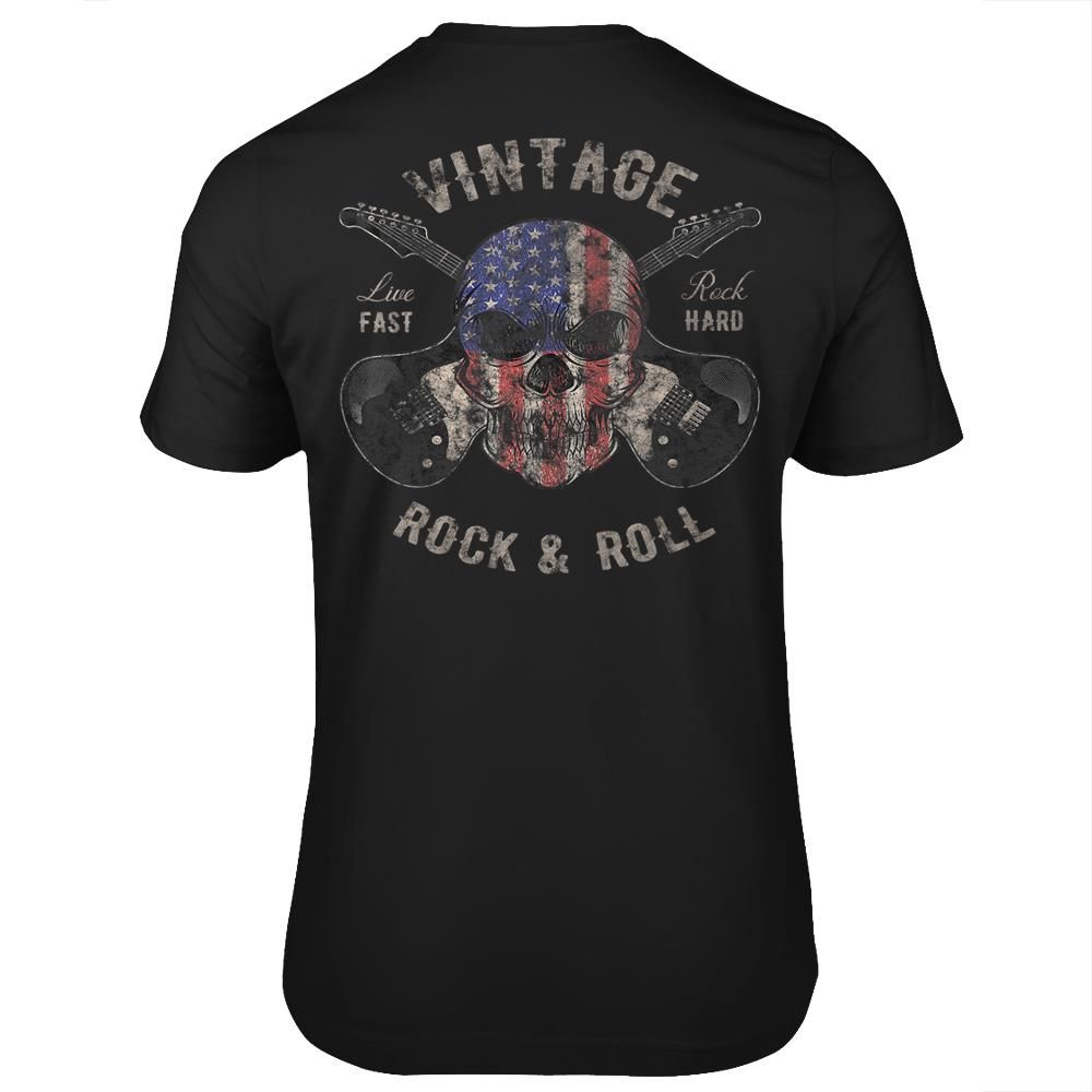 American Flag Guitar Vintage Rock And Roll Skull Guitarist T-shirt- Print on back