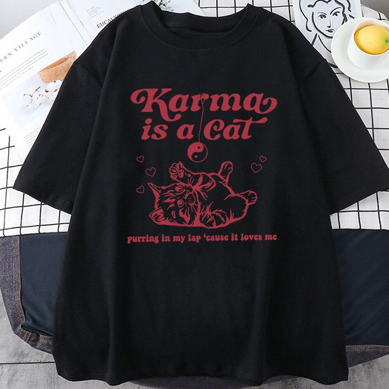 Taylor Swift, Karma Is A Cat T-Shirt Merch – Midnights Album Merchandise, Era’S Tour, Gifts For Her, Swiftie, Short Sleeve Graphic Tee