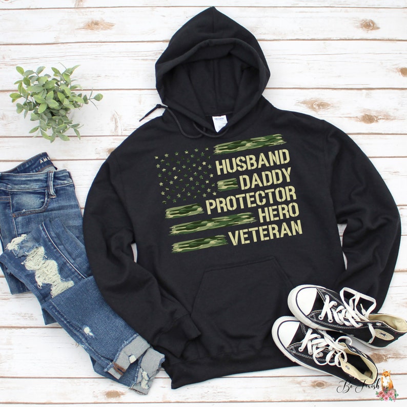 Husband Daddy Protector Hero Veteran Hoodie, American Flag, Veteran Dad