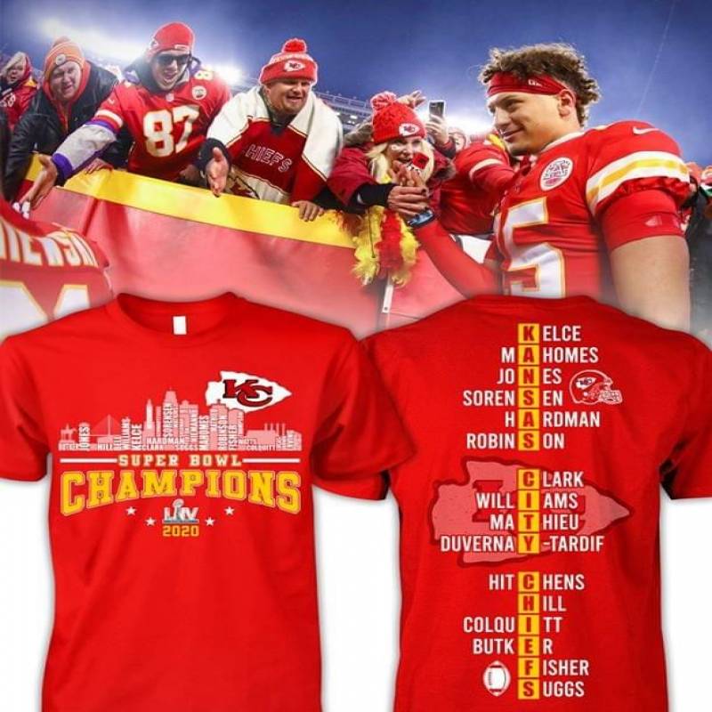 Kansas City Chiefs Super Bowl Champions 2020 Kelce Mahomes Jones Sorense Hardman Robinson Clark Williams Mathieu Best Gifts For Chiefs Fans Red Men And Women T Shirt S-5Xl