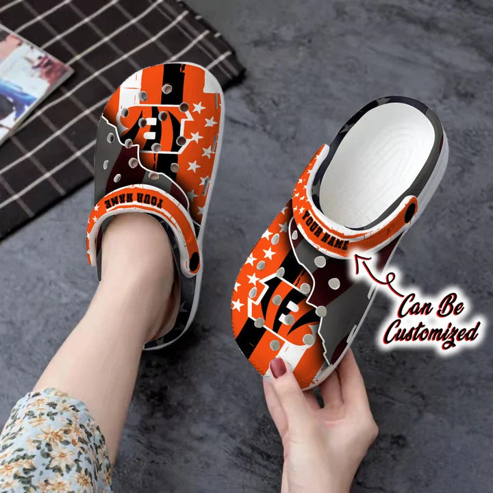 Bengals Crocs – Personalized Cincinnati Bengals Team American Flag Line Clog Shoes