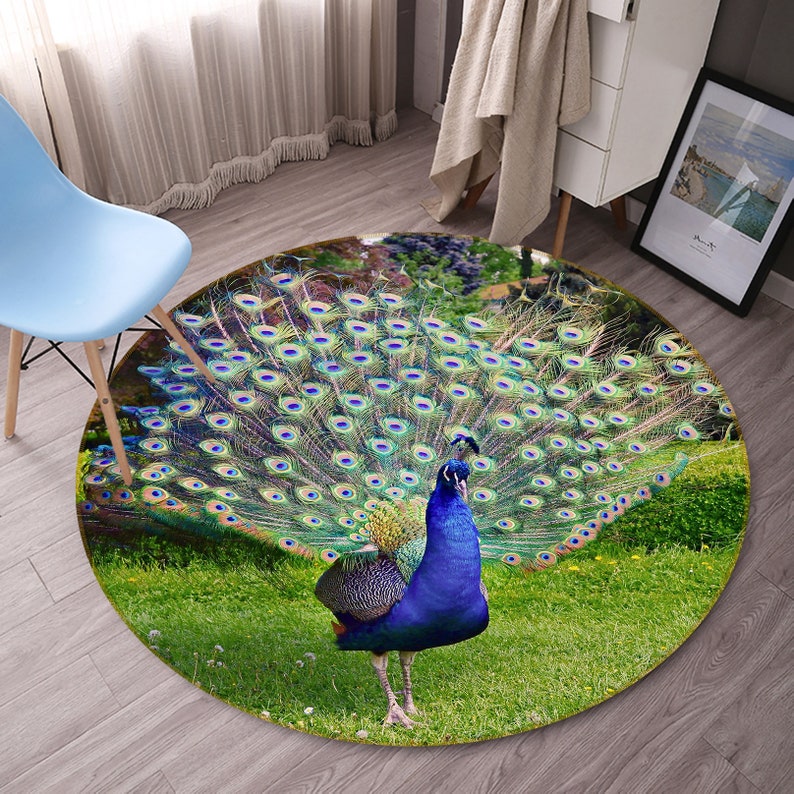 Animal Blue Peacock Round Rug, Bedroom Round Rug, Non-Slip Carpet, Popular Carpet, Carpet Living Room Decoration