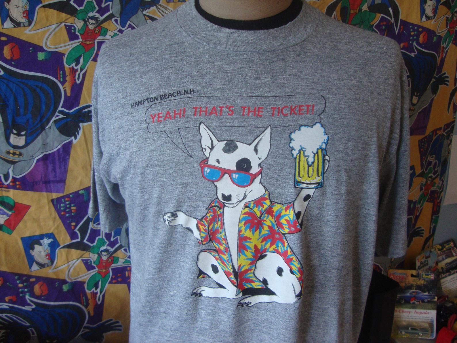 Vintage 80S Spuds Mackenzie Dog Party Animal Hampton Beach New Hampshire Yeah That’S The Ticket Parody Beer Gray Rayon Tri Blend T Shirt