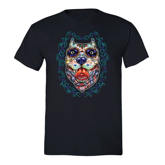 Xtrafly Apparel Mens Pit Bull Day Of The Dead Sugar Skull Dia De Los Muertos Dog Lover Halloween Party Animal Holiday Bandana T Shirt Black