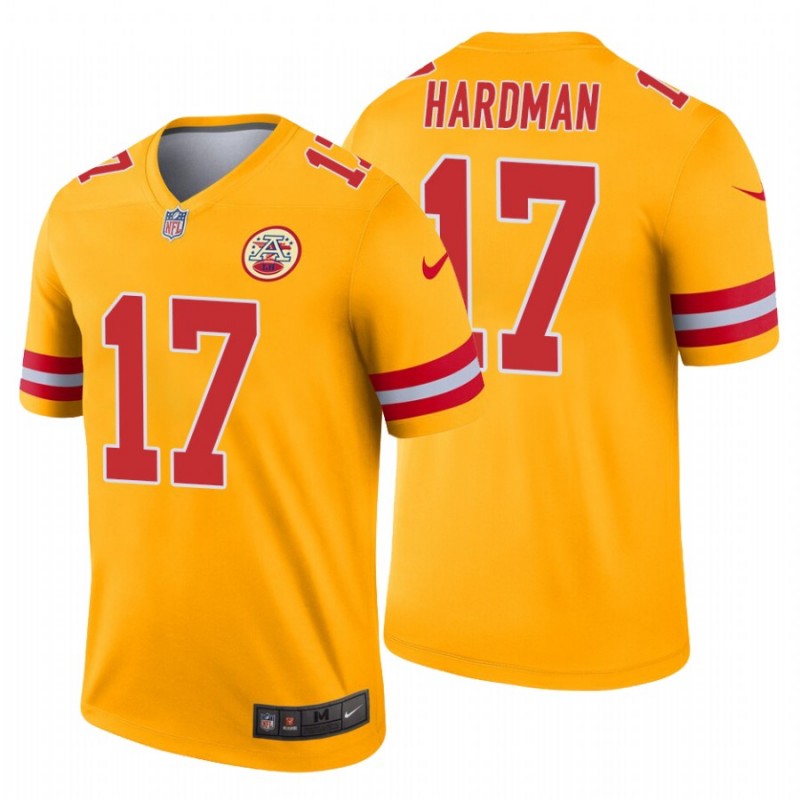 Men’S Mecole Hardman #17 Kansas City Chiefs Inverted Legend Gold Jersey – All Stitched, Embroidery