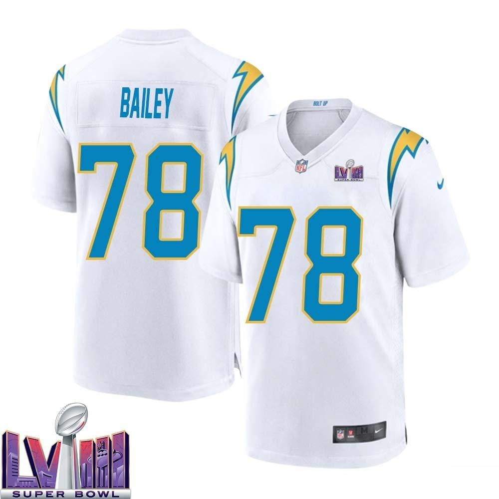 Zack Bailey 78 Los Angeles Chargers Super Bowl Lviii Men Away Game Jersey – White