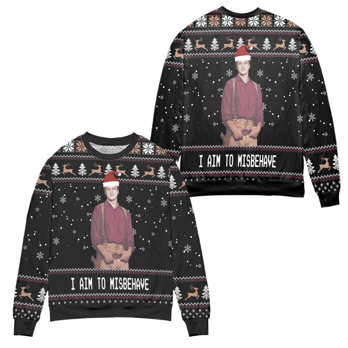 I Aim To Misbehave Survay Says! Snowflake Reindeer Pattern Ugly Christmas Sweater – All Over Print 3D Sweater – Black