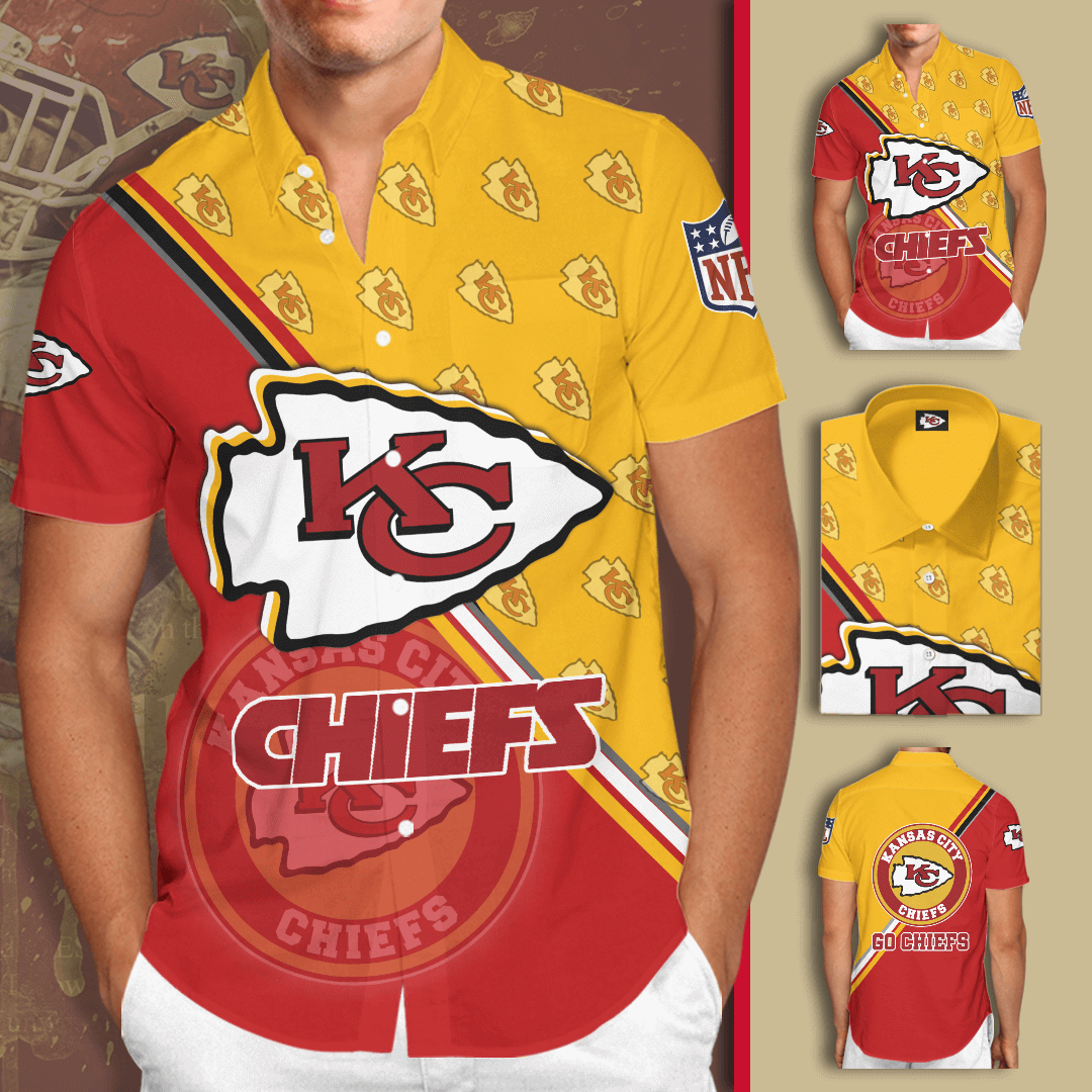 Kansas City Chiefs All Over Print 3D Short Sleeve Dress Shirt Hawaiian Summer Aloha Beach Shirt – Red Yellow