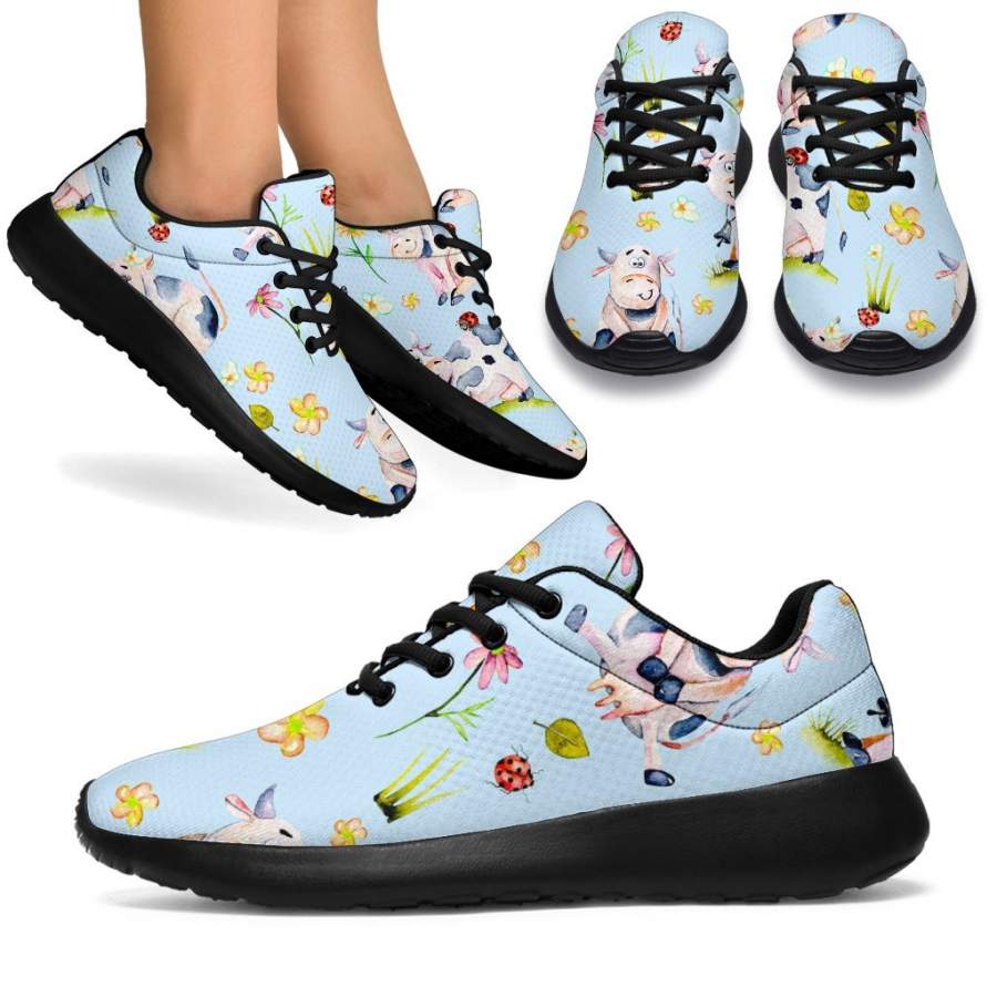 Watercolor Cartoon Cow Pattern Print Sport Sneakers