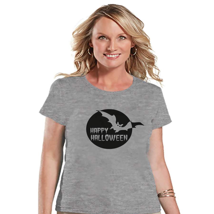 Women's Halloween Shirt - Black Bat Happy Halloween Shirt - Ladies Halloween Party Shirt - Adult Halloween Costumes - Grey Halloween Shirt x Halloween costumes 2024