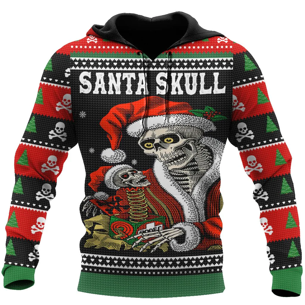 Skulls Christmas Unisex Hoodies, 3D Skull Xmas Hoodies Santa Skull Hoodies