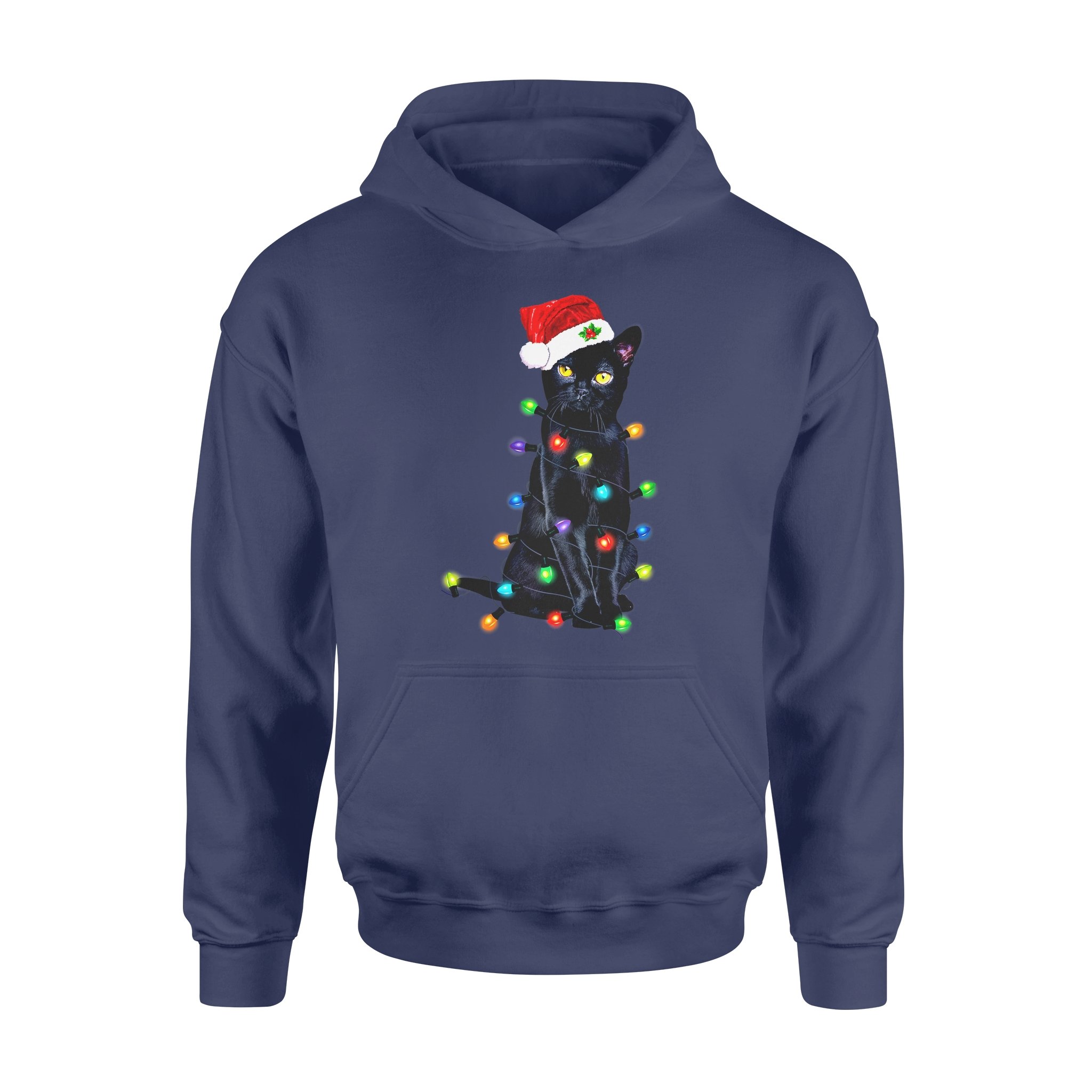 Cat Christmas Gift Idea – Black Cat With Xmas Lights Funny For Animals Lovers – Standard Hoodie