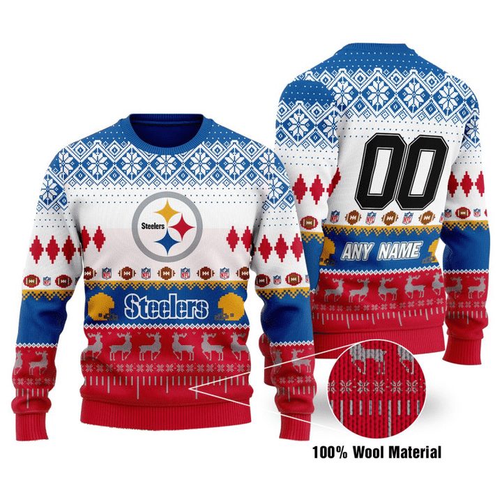 Pittsburgh Steelers Custom Name Number Red Blue White Gift For Fan Ugly Wool Sweater Christmas