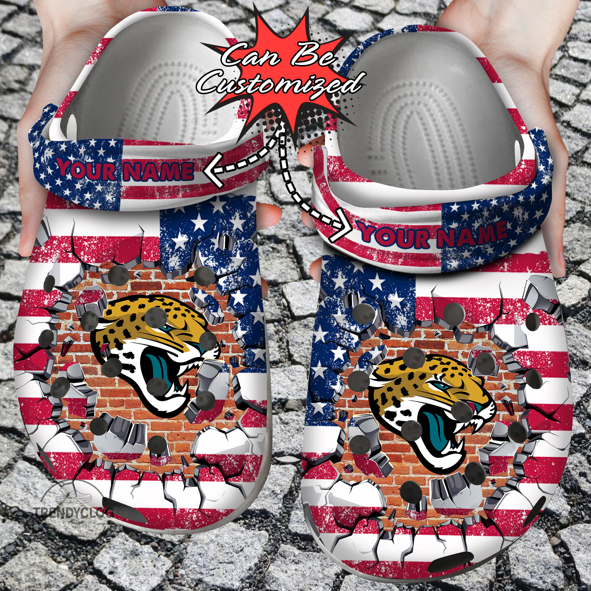 Football Crocs – Personalized J.Jaguars American Flag Breaking Wall Clog Shoes