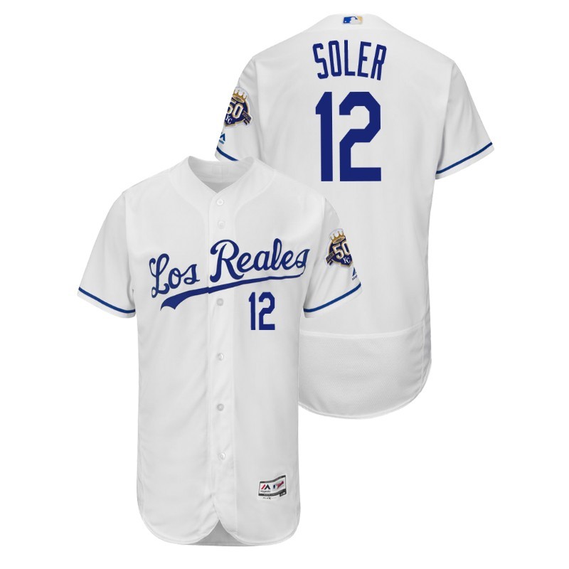 Men’S Kansas City Royals White Home Flex Base #12 Jorge Soler 50Th Anniversary Jersey – All Stitched, Embroidery