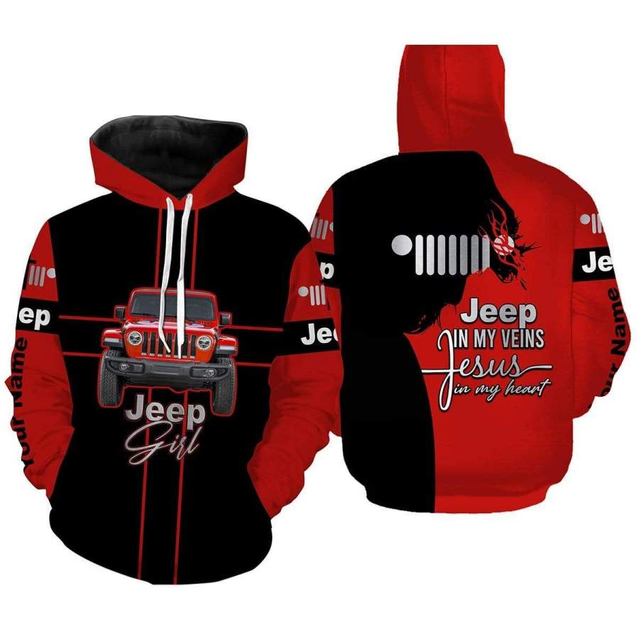 Custom Name Jeep Girl Jeep in my veins Jesus in my heart Hoodie 3d all over print