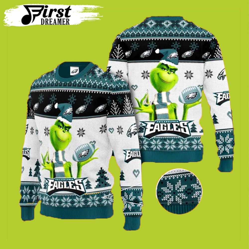 Grinch Gift For Fan Ugly Wool Sweater Christmas 3D Grinch Philadelphia Eagles Merry Christmas