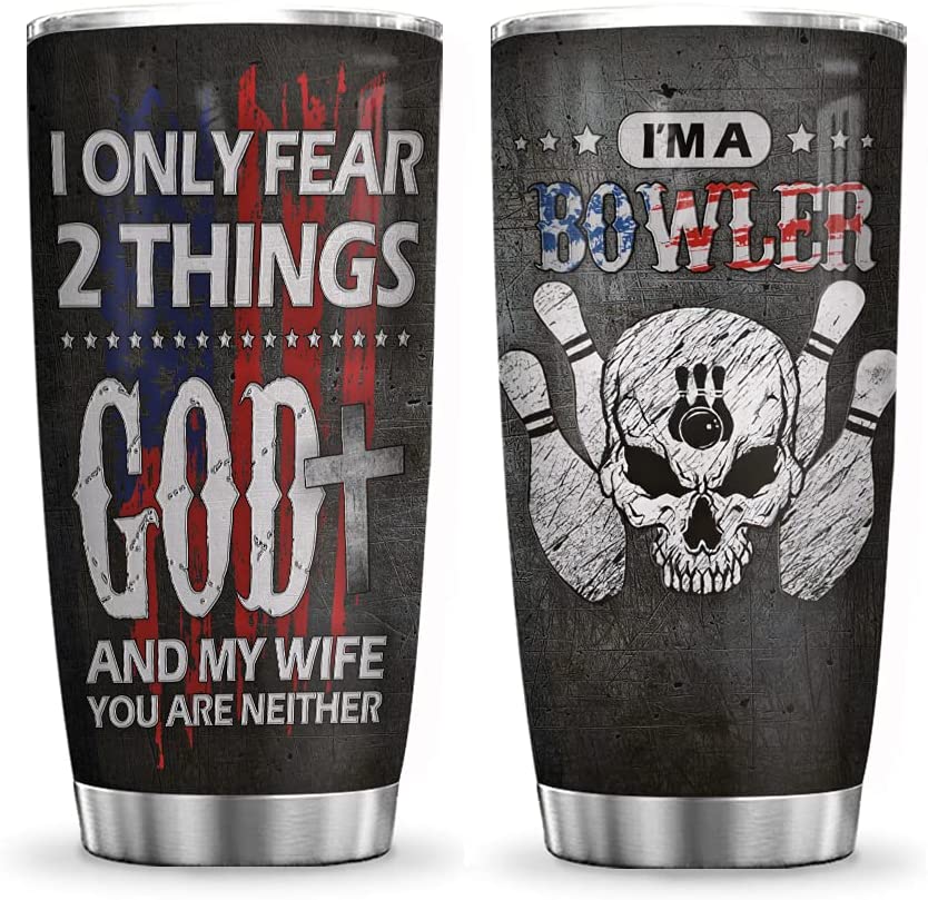 20Oz Bowler Skull Fear God And Wife, Skull Lovers, Skull Inspiration Tumbler Cup With Lid, Double Wall Vacuum Thermos Insulated Travel Coffee Mug