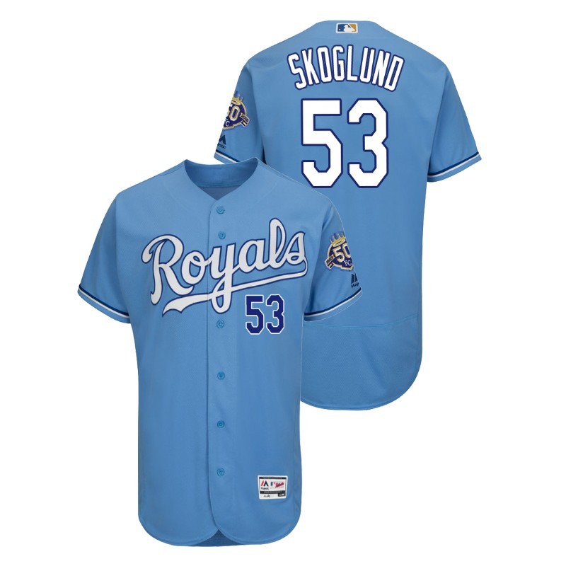 Men’S Kansas City Royals Gray Road Flex Base #53 Eric Skoglund 50Th Anniversary Jersey – All Stitched, Embroidery