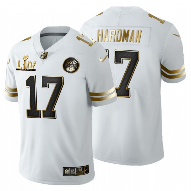 Men’S Kansas City Chiefs #17 Mecole Hardman White Super Bowl Liv Golden Edition Jersey – All Stitched, Embroidery