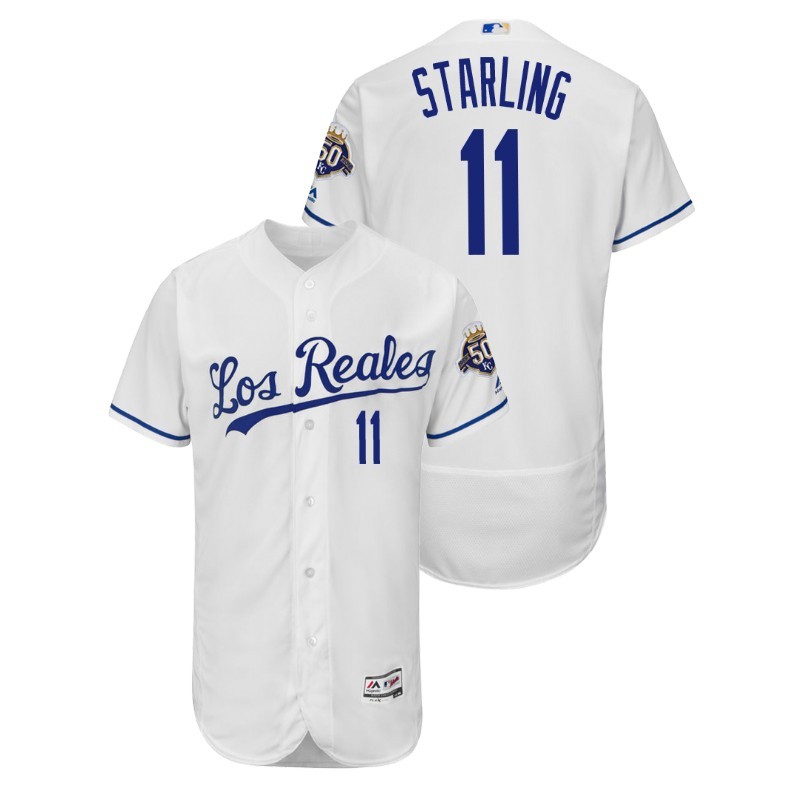 Men’S Kansas City Royals White Home Flex Base #11 Bubba Starling 50Th Anniversary Jersey – All Stitched, Embroidery