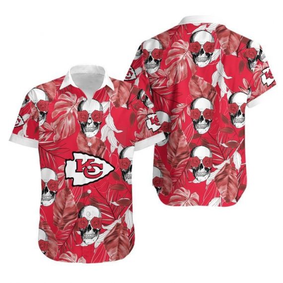 Gift For Husband Gift For Dad Kansas City Chiefs Coconut Leaves And Skulls Hawaiian Shirt Mh56