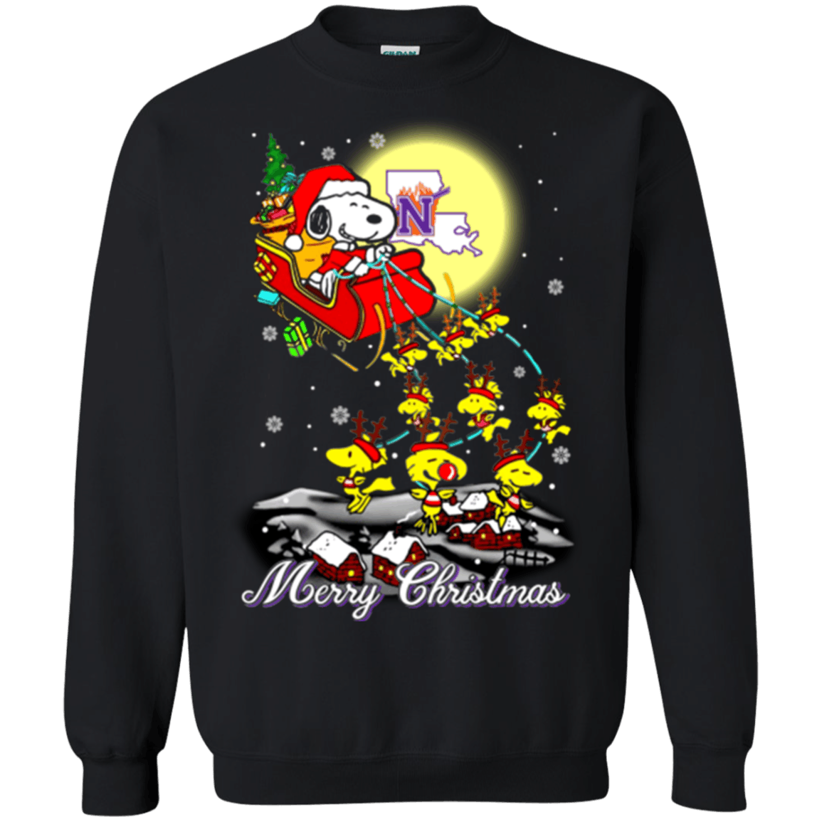 Awesome Northwestern State Demons Ugly Christmas Sweater 2023S Santa Claus With Sleigh And Snoopy Sweatshirts