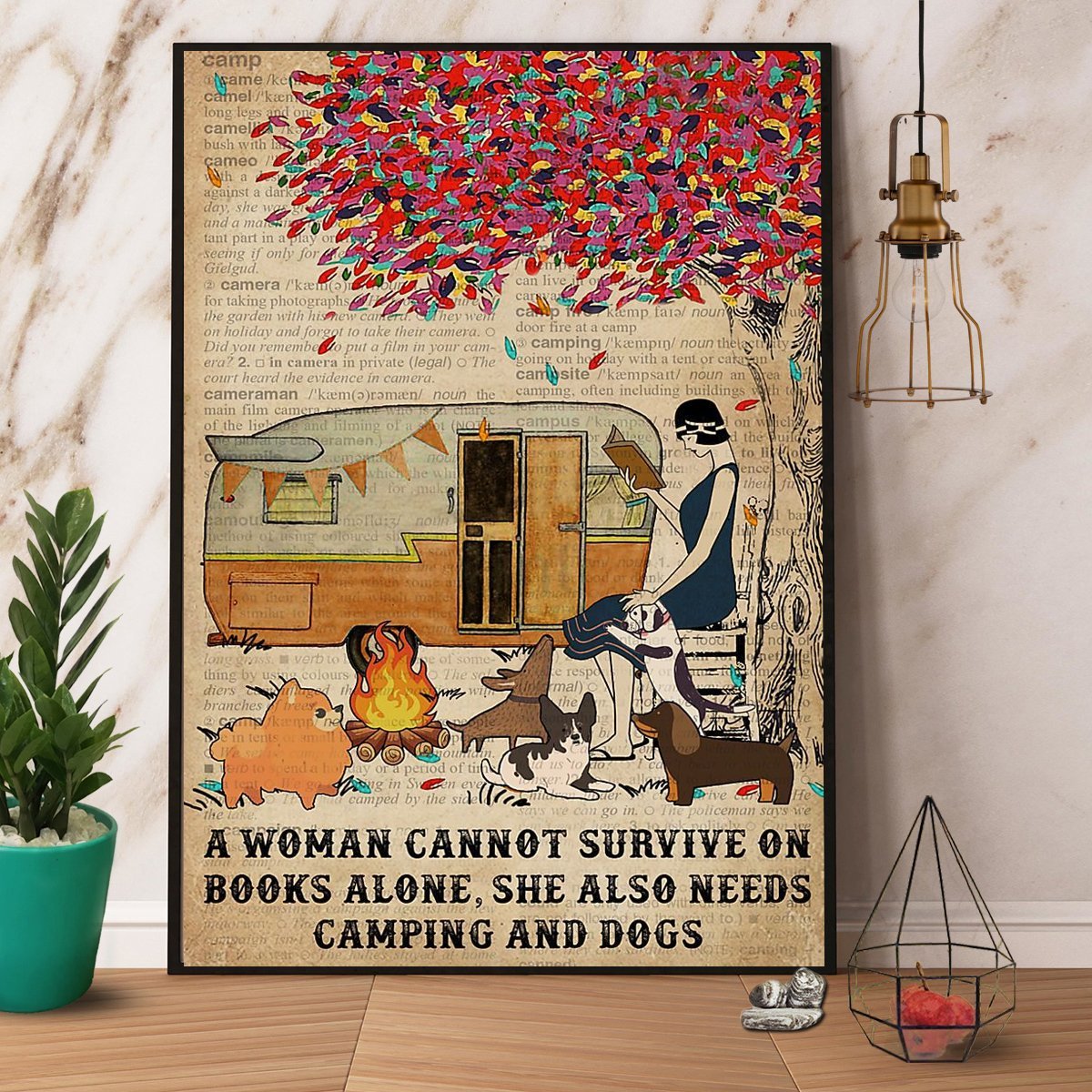 Camping Girl Cannot Survive Book Alone Dog Vintage  Poster No Frame Matte Canvas