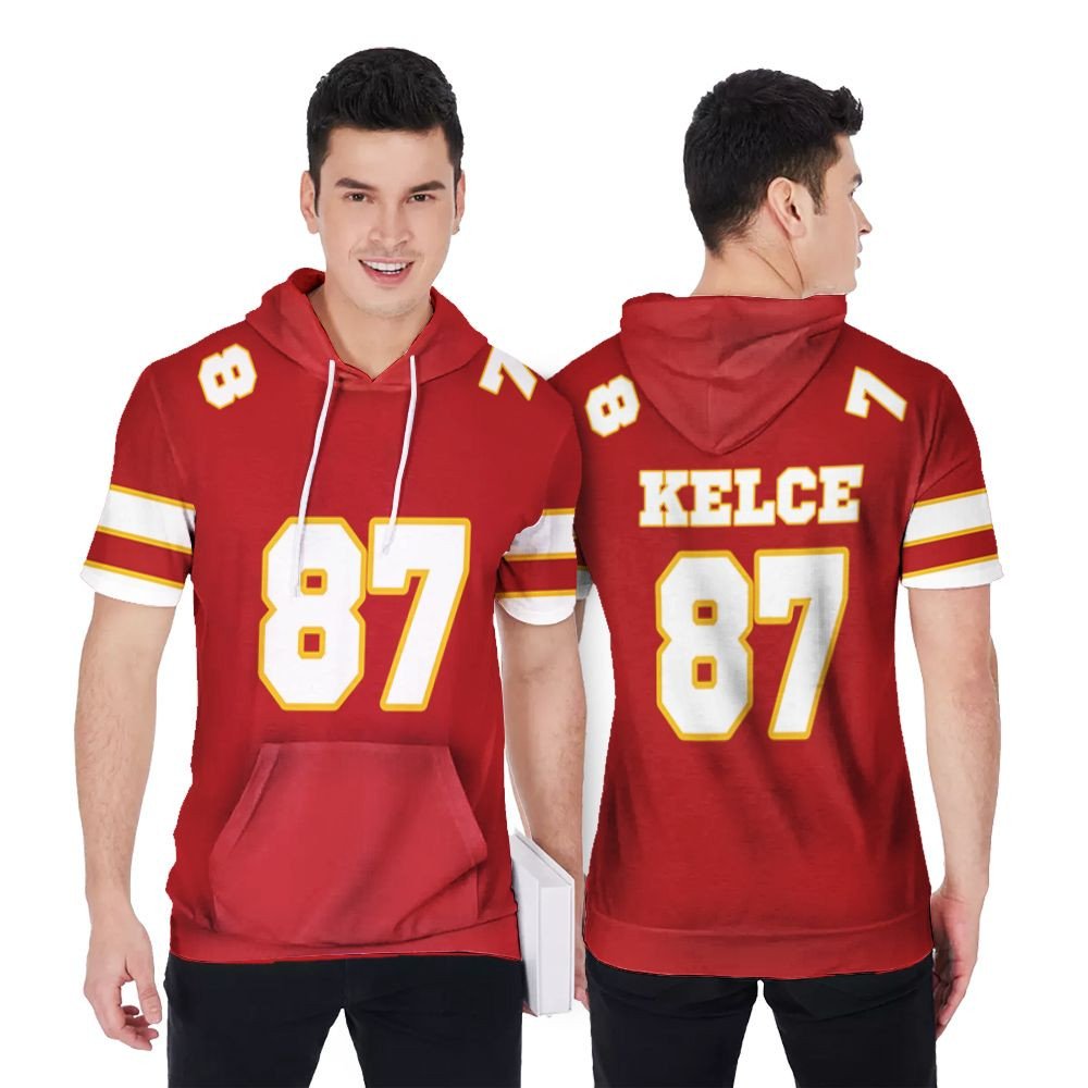 Kansas City Chiefs Travis Kelce 87 Great Player Red Game Jersey Style Gift For Chiefs Fans Kelce Lovers Short Sleeve Hoodie