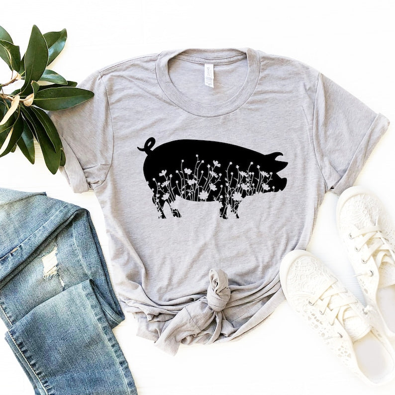 Floral Pig Shirt, Flower Pink Shirt, Floral Animals Shirt, Flower Crown Shirt, Pig Lover, Farm Animals Shirt, Cute Pig