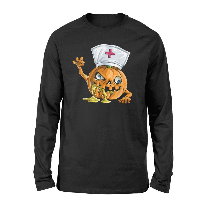 Zombie Pumpkin Nurse Funny Halloween Horror Scary Long Sleeve T-Shirt