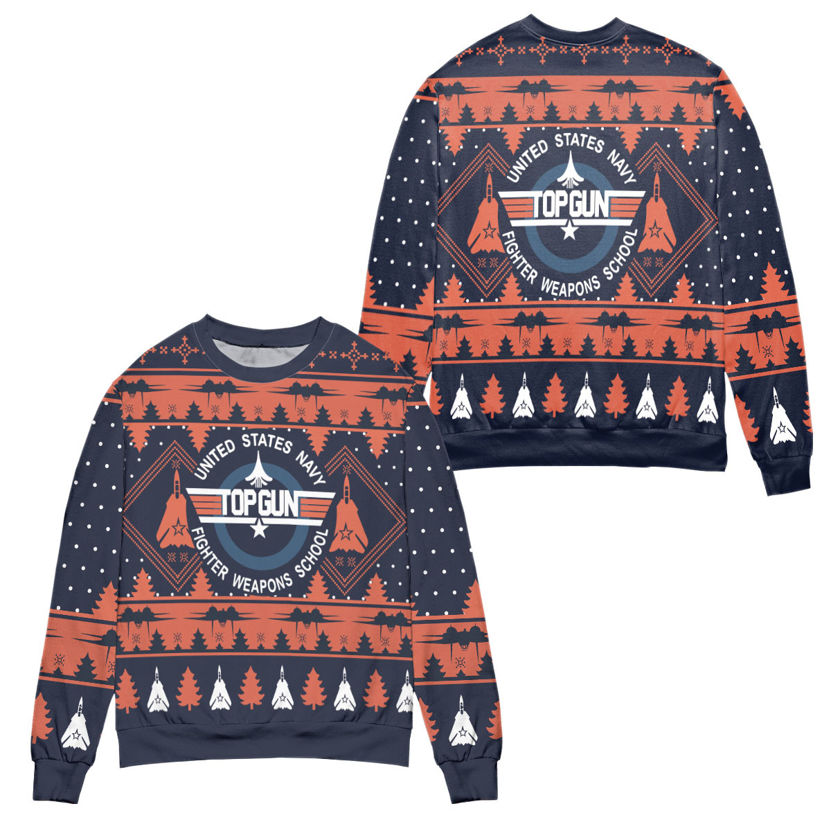 United States Navy Top Gun Pine Tree Pattern Ugly Christmas Sweater – All Over Print 3D Sweater – Orange Navy