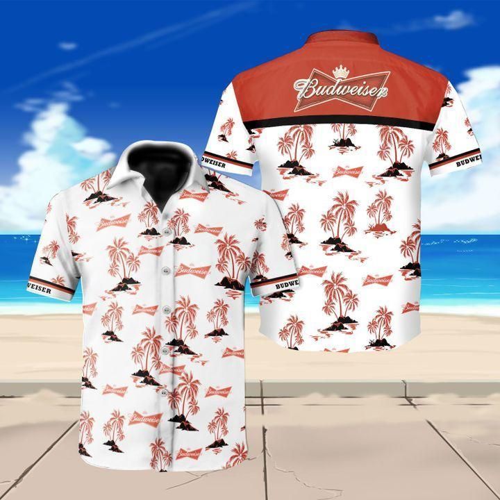 Beer Hawaiian Shirt Budweiser Logo Tropical Palm Trees Pattern Red White Hawaii Aloha Shirt