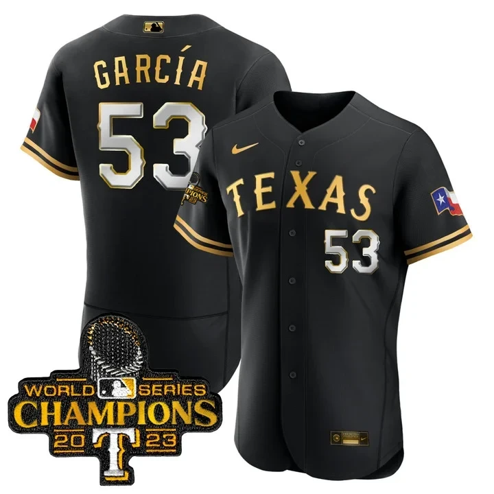 Adolis Garcia Texas Rangers 2023 World Series Champions Black Gold Jersey – All Stitched