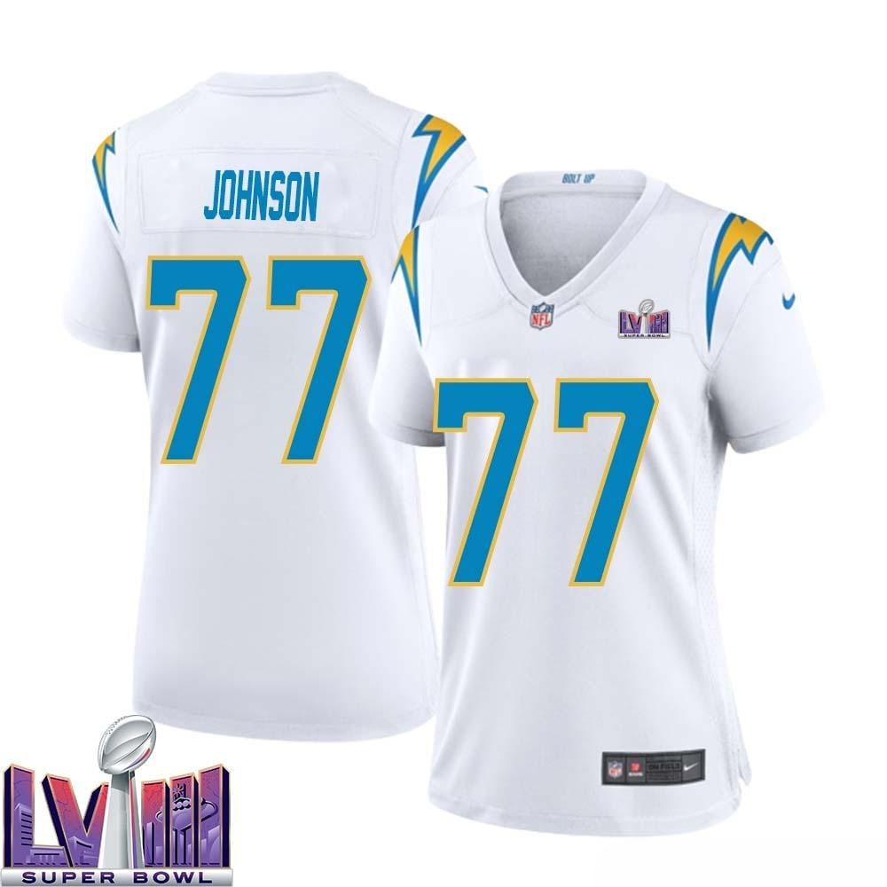 Zion Johnson 77 Los Angeles Chargers Super Bowl Lviii Women Away Game Jersey – White