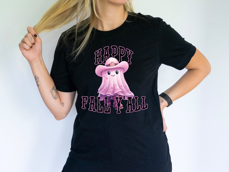 Pink Ghost Happy Fall Y’All Cute Graphic Halloween Spooky Season T-Shirt Fall Shirt Halloween Gift T Shirt For Her Him All Genders