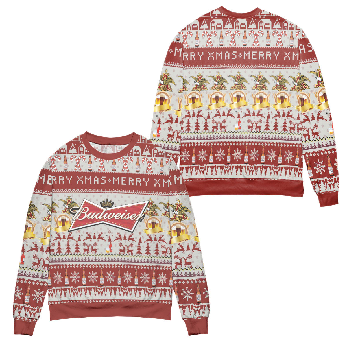 Budweiser Merry Xmas Reindeer & Snowflake Pattern Ugly Christmas Sweater – All Over Print 3D Sweater