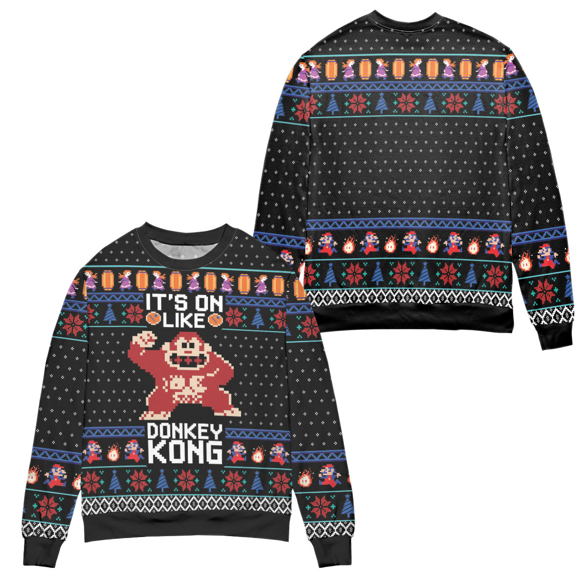 It’S On Like Donkey Kong Snowflake Pattern Ugly Christmas Sweater – All Over Print 3D Sweater – Black