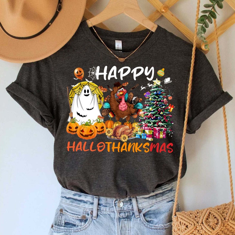 Happy Hallothanksmas Shirt, Halloween Shirt, Thanksgiving Shirt, Christmas Shirt, Holiday Season Shirt, Fall Vibes, Christmas Tree