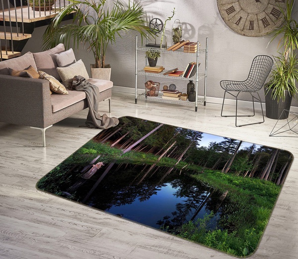 3D Blue Lagoon Tall Trees In Forest Area Rug Home Decor