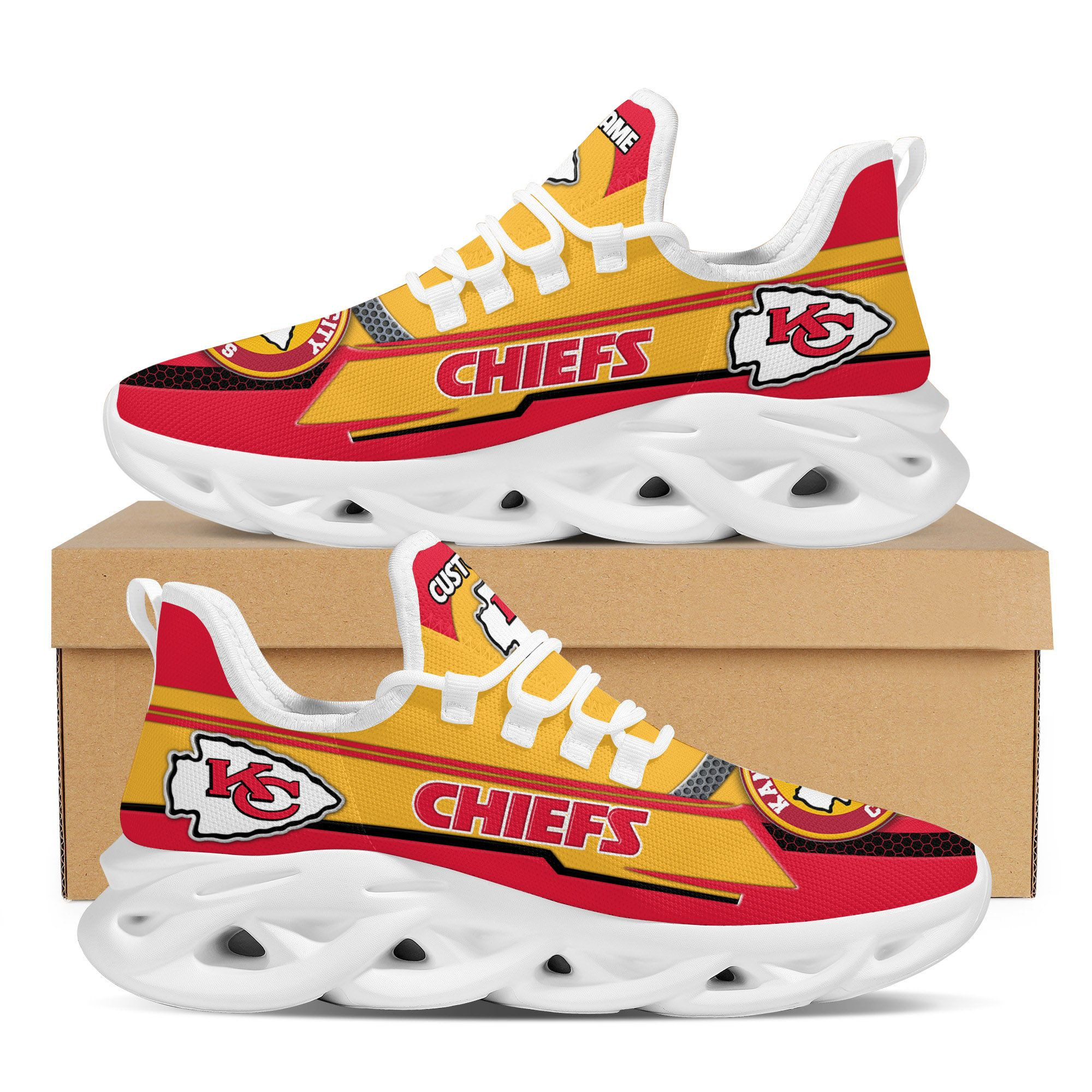 Kansas City Chiefsfootball Team Symbol Geometric Pattern Custom Name Personalized 3D All Over Print Max Soul Sneakers For Men And Women